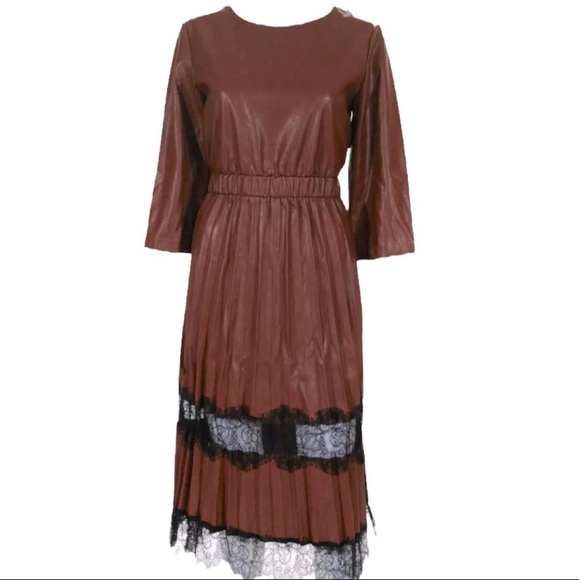 Mucha et Muchette NWT Dress Faux Leather Caramel Brown Black - Picture 1 of 14